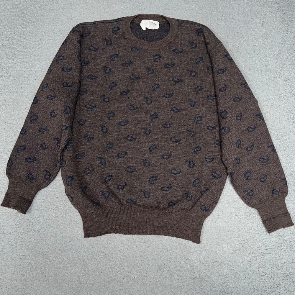 VTG Tricots St. Raphael Sweater Mens Sz L Brown Paisley Cosby 100% Wool Grandpa